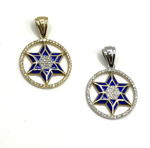14K Gold & Diamond With Blue Enamel Star of David Round Necklace